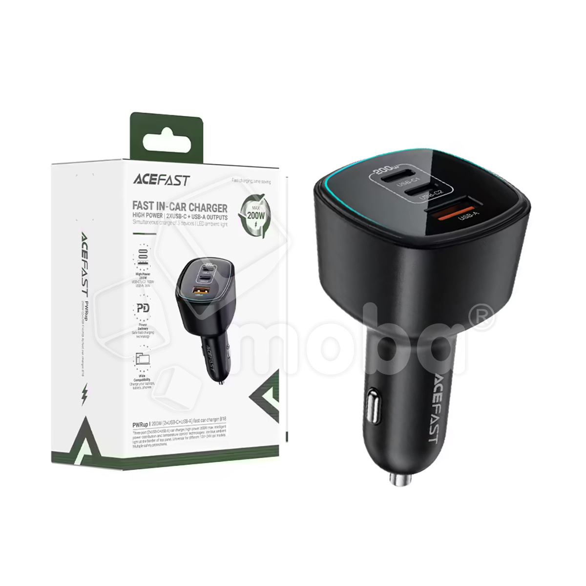 Автомобильное зарядное устройство USB/Type-C Acefast B18 (200W, QC3.0, PD, 2Type-C, 1USB) Черный