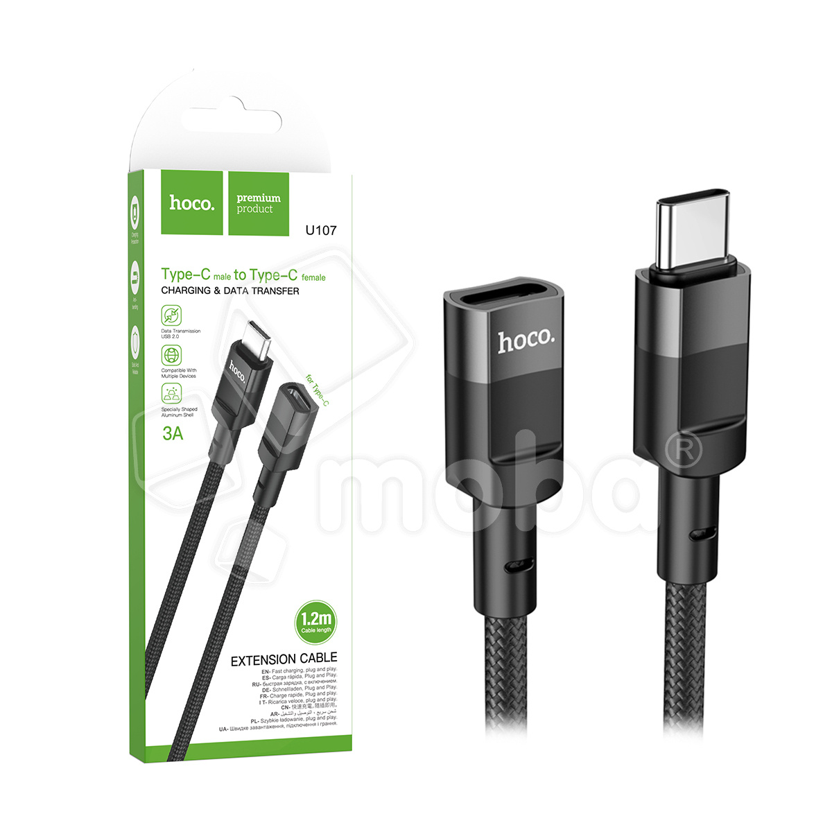 Кабель Type-C Male -Type-C Female Hoco U107 (1,2 м) Черный