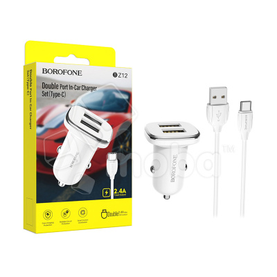Автомобильное зарядное устройство USB Borofone BZ12 (12W, 2USB, кабель Type-C) Белый