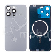 Задняя крышка для iPhone 15 Pro Max (A3106) в сборе со стеклом камеры Серый (стекло, монолит, MagSafe, логотип) - Премиум