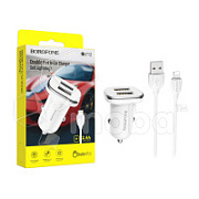Автомобильное зарядное устройство USB Borofone BZ12 (12W, 2 порта, кабель Lightning) Белый